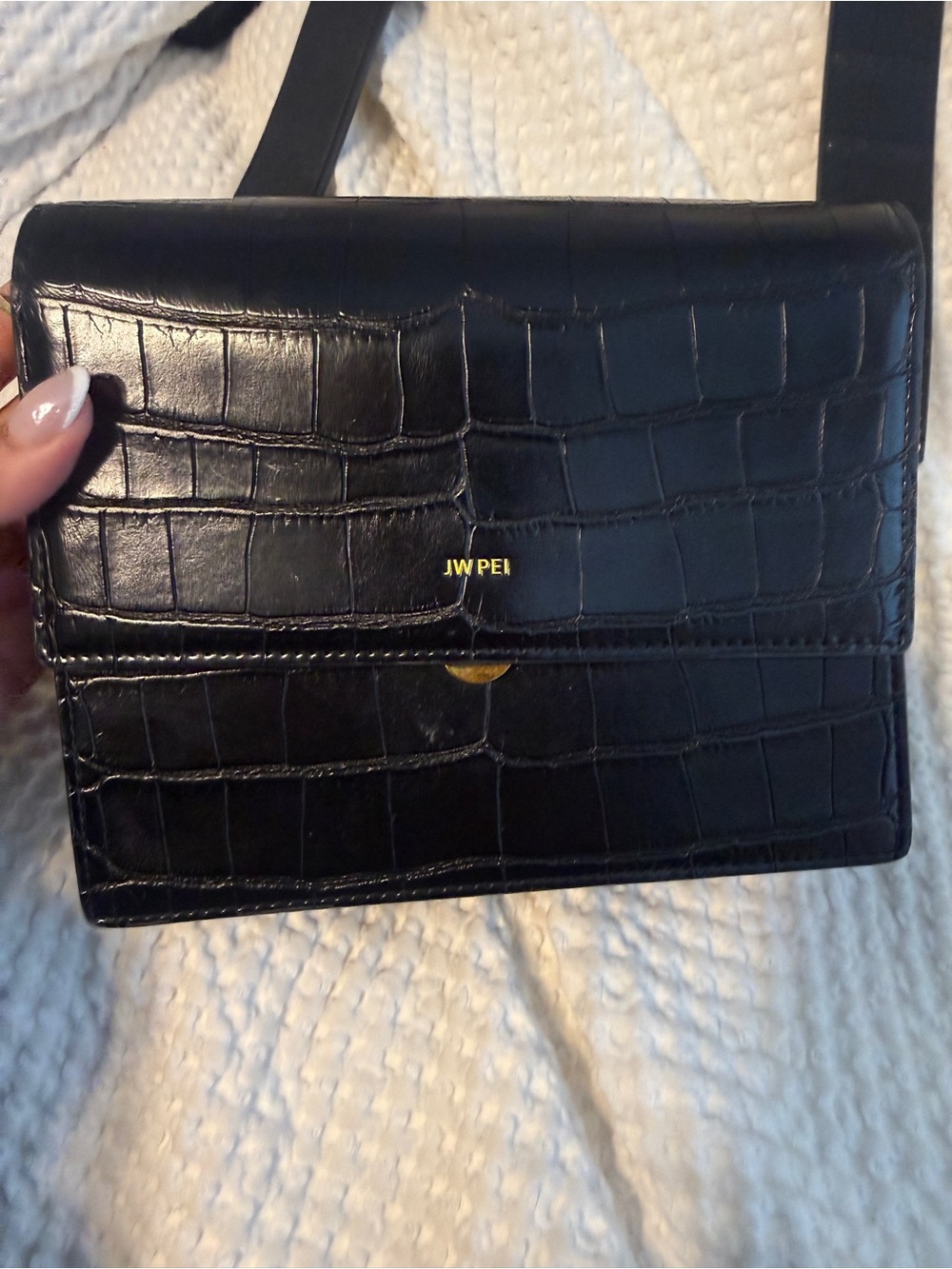 JW PEI Black Croc-Embossed Crossbody Bag with Gold Accent